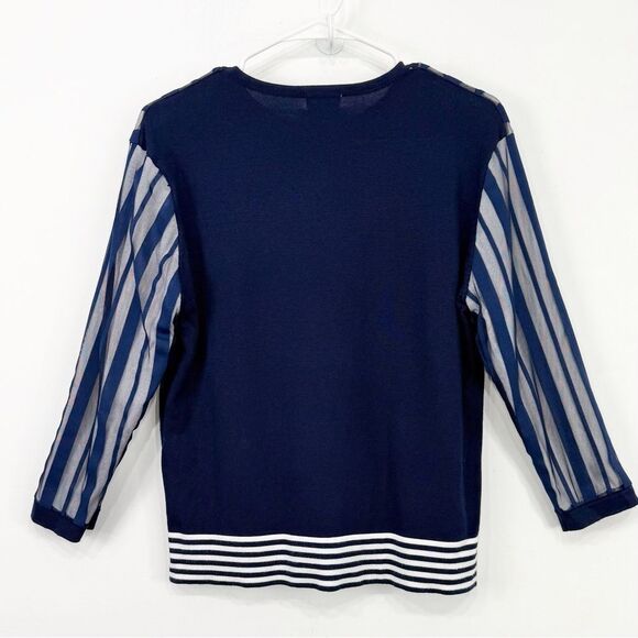 YAL NY Navy Blue White Mesh Overlay Striped Knit Nautical Pullover Top - Picture 6 of 16